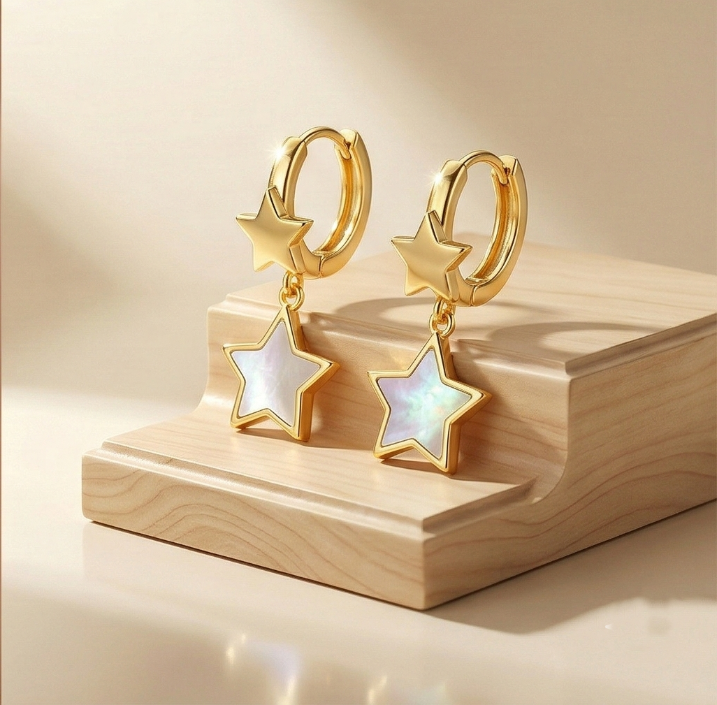 LUXE 925 Sterling Silver Gold Plated Double Star Drop MOP Earrings Celestial Jewellery