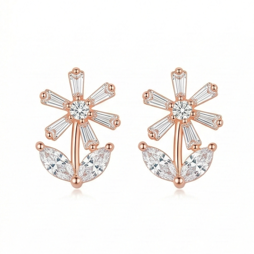 LUXE 925 Sterling Silver Rose Gold Plated Floral Stud Earrings Elegant Jewellery