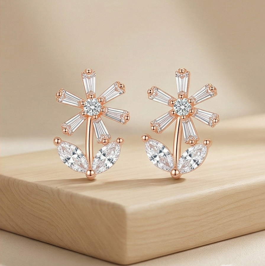 LUXE 925 Sterling Silver Rose Gold Plated Floral Stud Earrings Elegant Jewellery