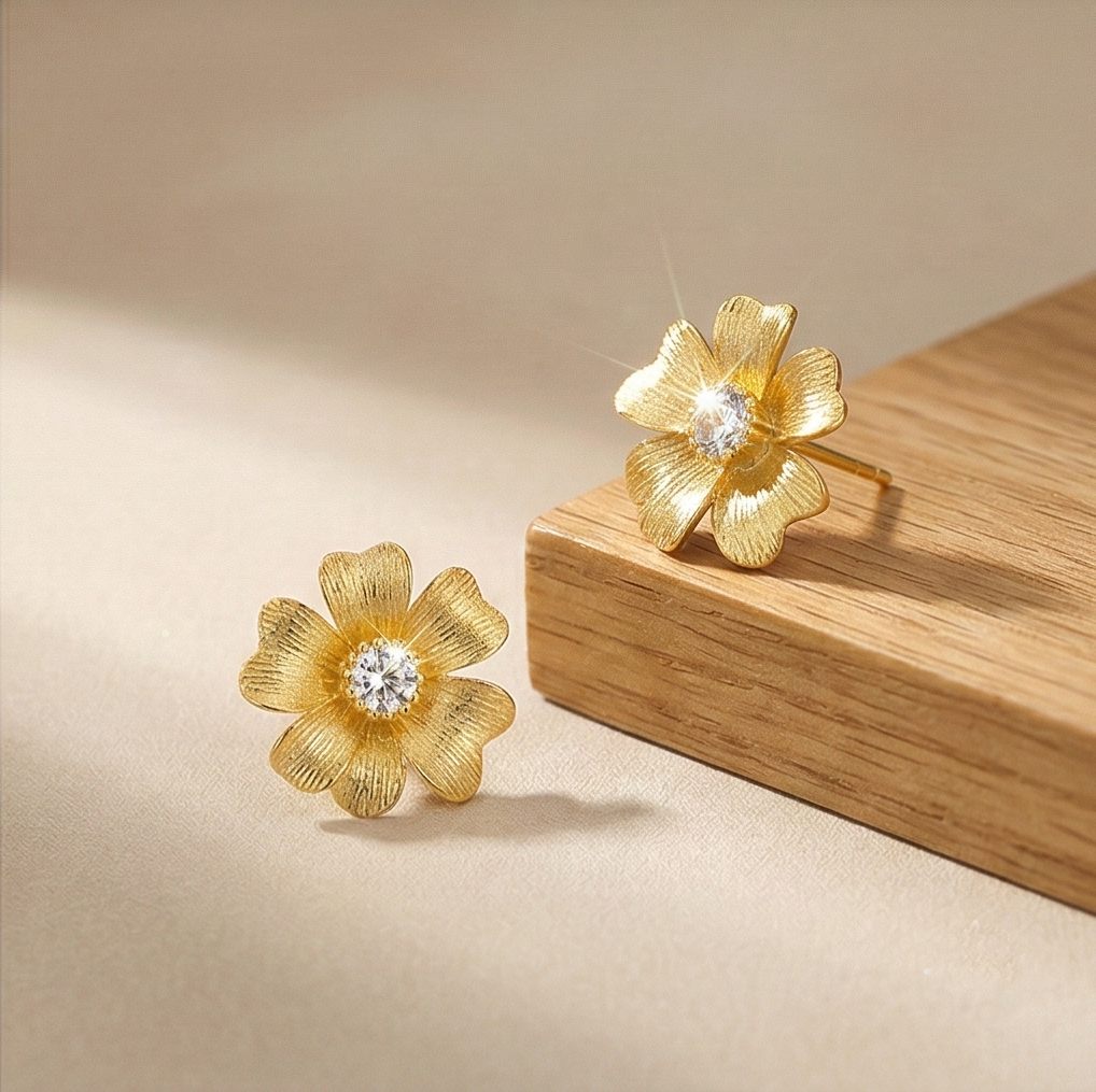 LUXE 925 Sterling Silver Gold Plated Textured Floral Stud Earrings Classic Jewellery