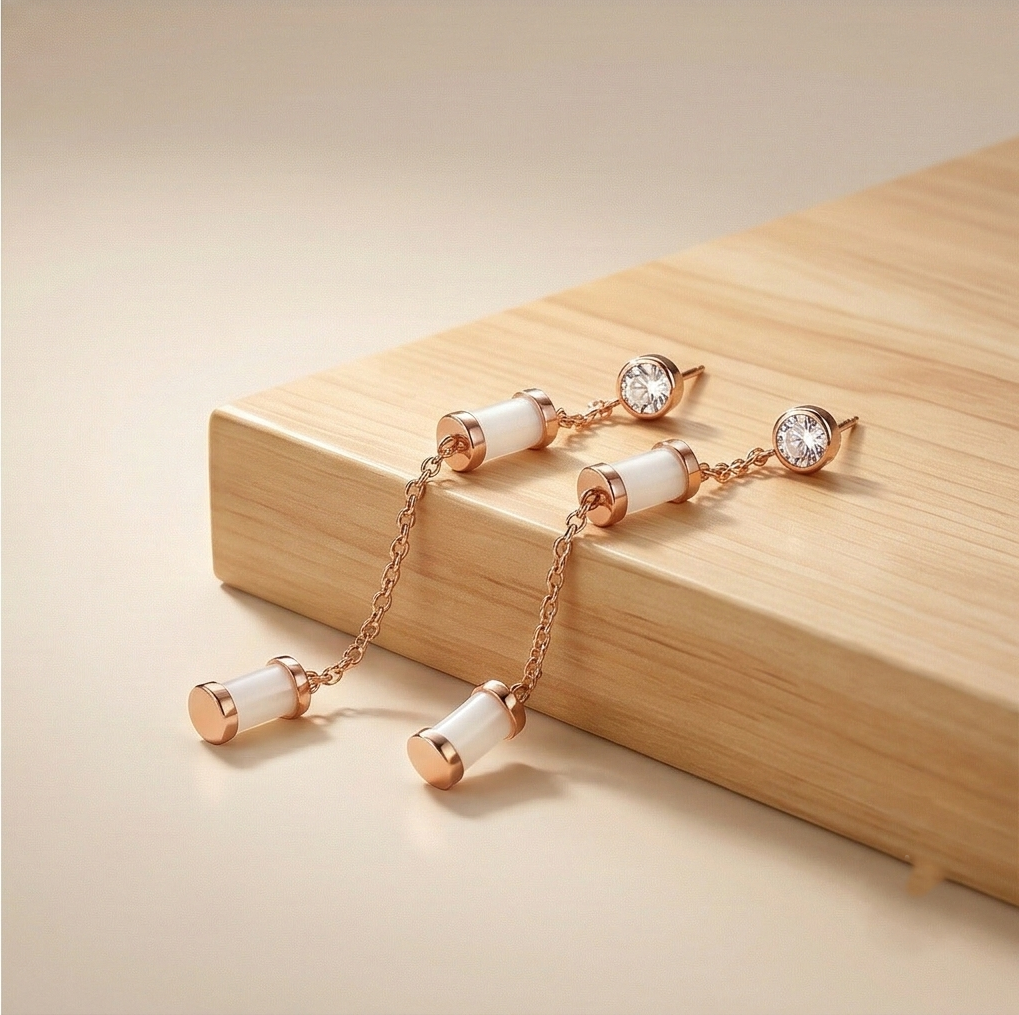 LUXE 925 Sterling Silver Long Chain Cylinder Dangle Earrings High Polish Rose Gold Finish Jewellery for Women