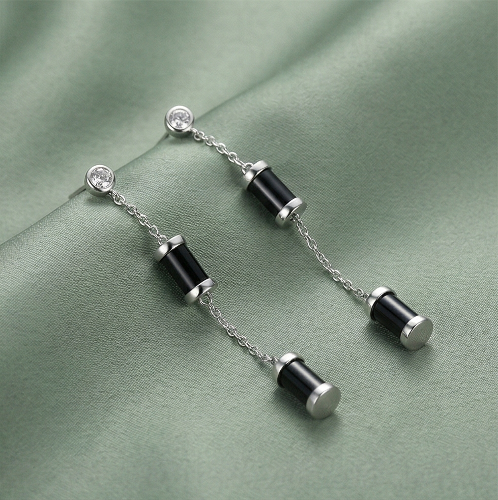 LUXE 925 Sterling Silver Long Chain Dangle Earrings with Black Accents Contemporary Jewellery
