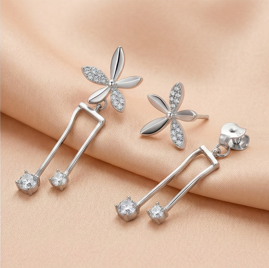 LUXE 925 Sterling Silver Floral Geometric Dangle Earrings High Polish Rhodium Finish Jewellery for Women