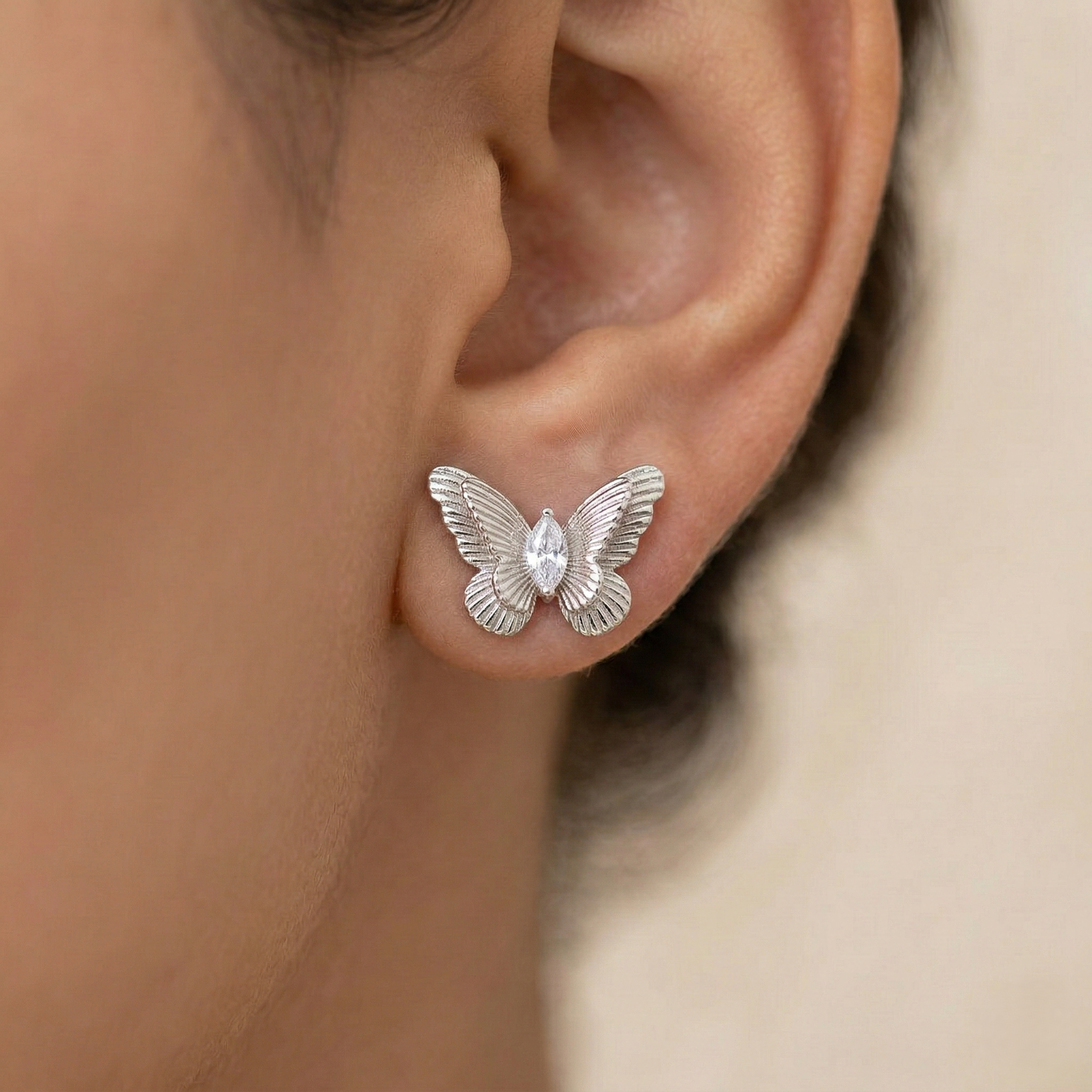 LUXE 925 Sterling Silver Textured Butterfly Stud Earrings High Polish Rhodium Finish Jewellery for Women