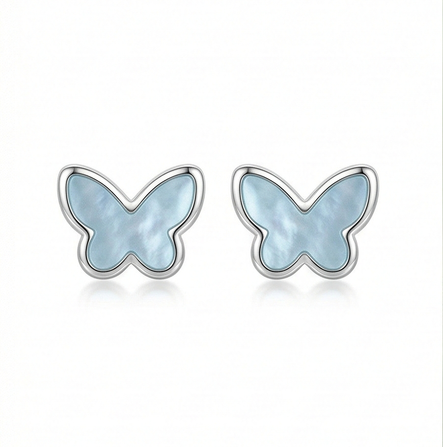 LUXE 925 Sterling Silver Blue Butterfly Stud Earrings High Polish Rhodium Finish Jewellery for Women