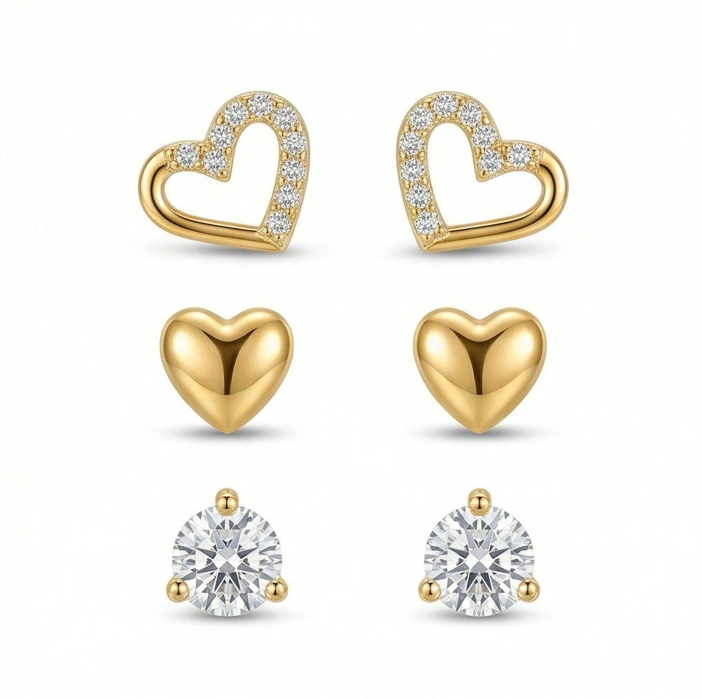 LUXE 925 Sterling Silver Multi-Pack Heart and Solitaire Stud Earrings High Polish Gold Finish Jewellery for Women