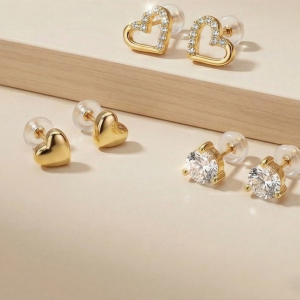 LUXE 925 Sterling Silver Multi-Pack Heart and Solitaire Stud Earrings High Polish Gold Finish Jewellery for Women