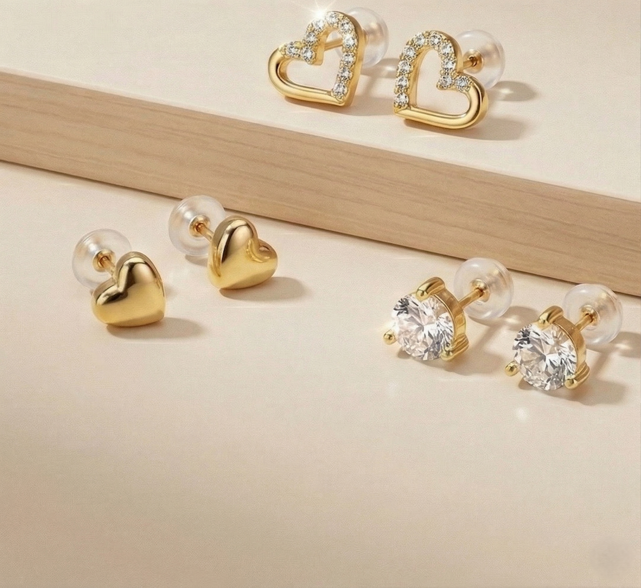 LUXE 925 Sterling Silver Multi-Pack Heart and Solitaire Stud Earrings High Polish Gold Finish Jewellery for Women