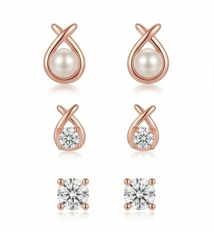 LUXE 925 Sterling Silver Rose Gold Plated Assorted Stud Earrings Set of 3 Fine Jewellery for Women