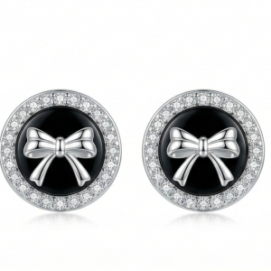 LUXE 925 Sterling Silver Black Enamel Bow Halo Stud Earrings High Polish Rhodium Finish Fine Jewellery for Women
