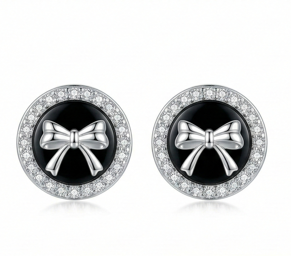 LUXE 925 Sterling Silver Black Enamel Bow Halo Stud Earrings High Polish Rhodium Finish Fine Jewellery for Women