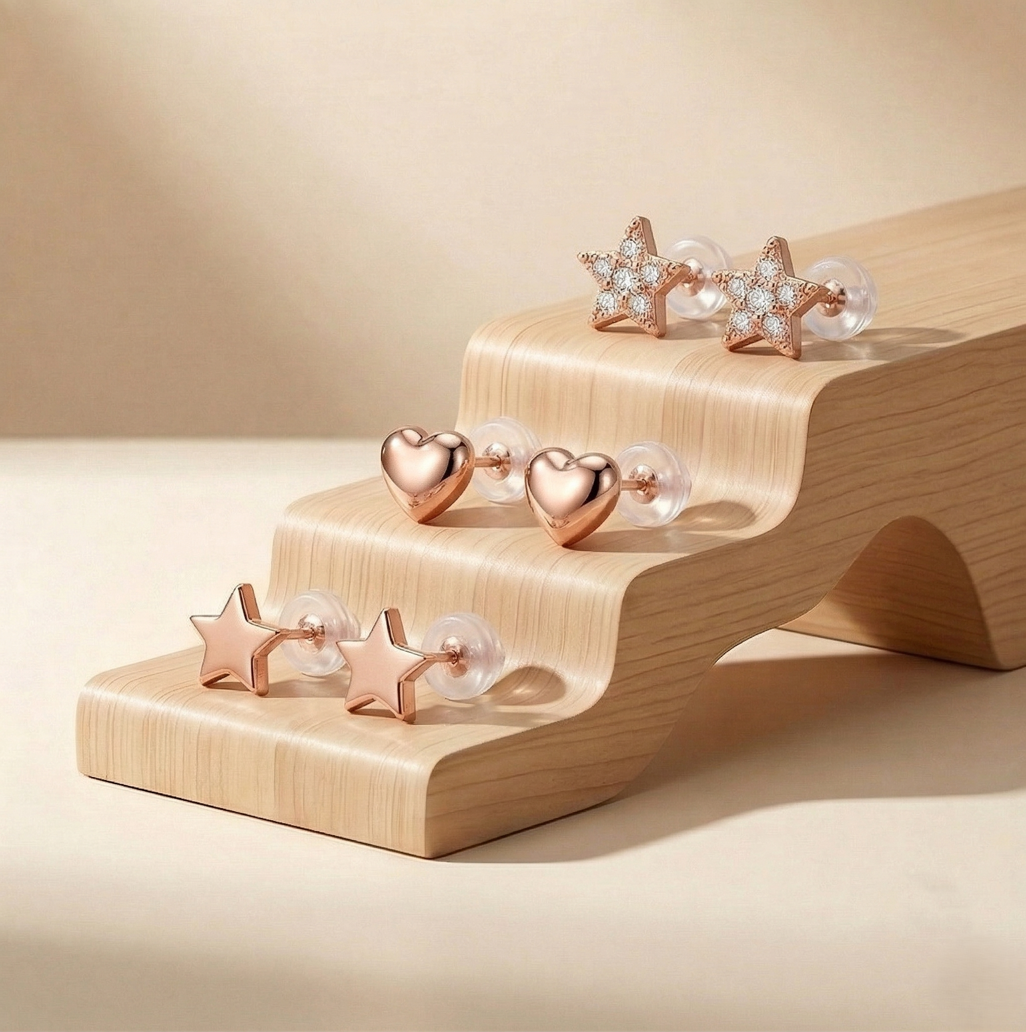 LUXE 925 Sterling Silver Rose Gold Plated Heart and Star Stud Earrings Set of 3 Fine Jewellery for Women