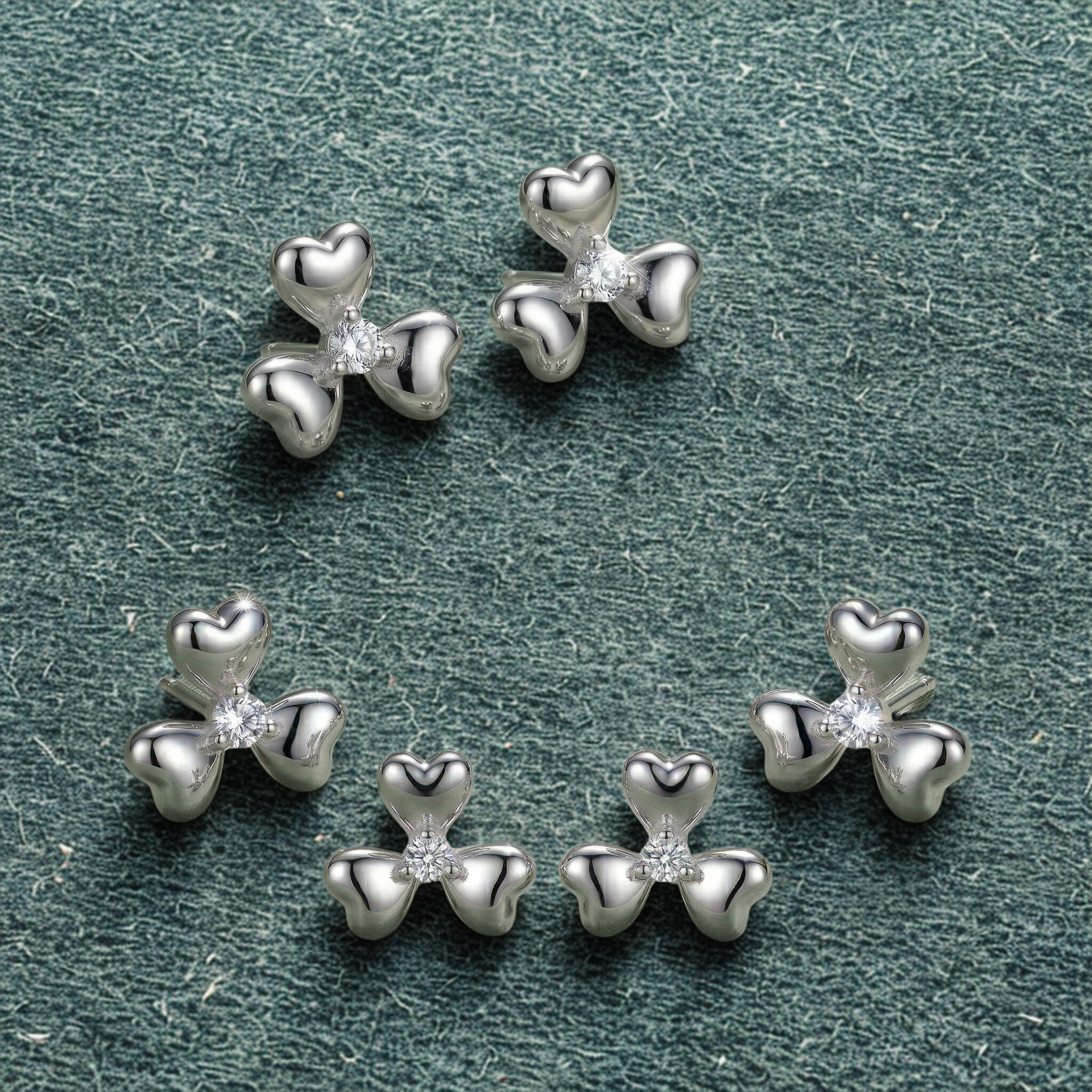 LUXE 925 Sterling Silver Clover Floral Stud Earrings set of 3 High Polish Finish Minimalist Everyday Jewellery for Women