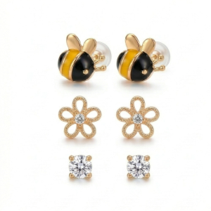 LUXE 925 Sterling Silver Rose Gold Plated Bee Flower Solitaire Stud Earrings Set of 3 Fine Jewellery for Women