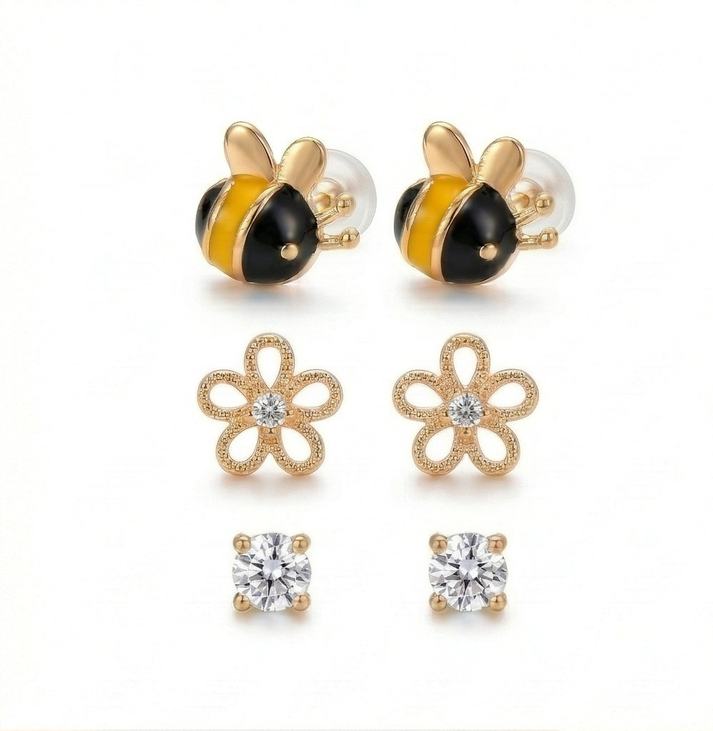 LUXE 925 Sterling Silver Rose Gold Plated Bee Flower Solitaire Stud Earrings Set of 3 Fine Jewellery for Women