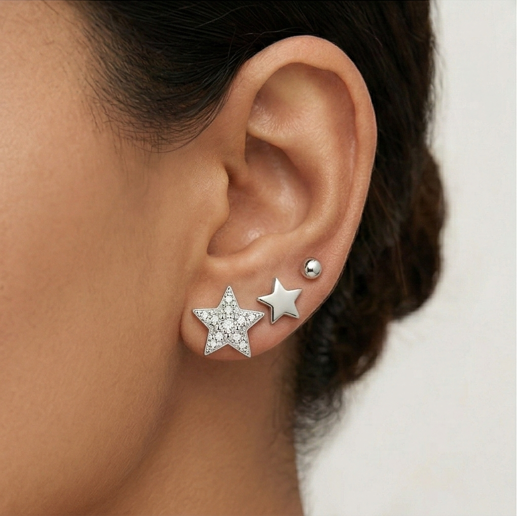 LUXE 925 Sterling Silver Celestial Star and Ball Stud Earrings Set of 3 High Polish Rhodium Finish Fine Jewellery for Women