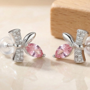 LUXE 925 Sterling Silver Pink Marquise Whimsical Stud Earrings High Polish Rhodium Finish Fine Jewellery for Women