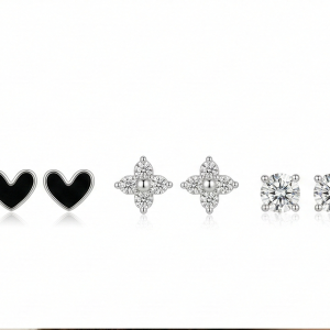 LUXE 925 Sterling Silver Multi-Design Heart and Floral Stud Earrings Set High Polish Enamel Finish Trendy Jewellery for Women