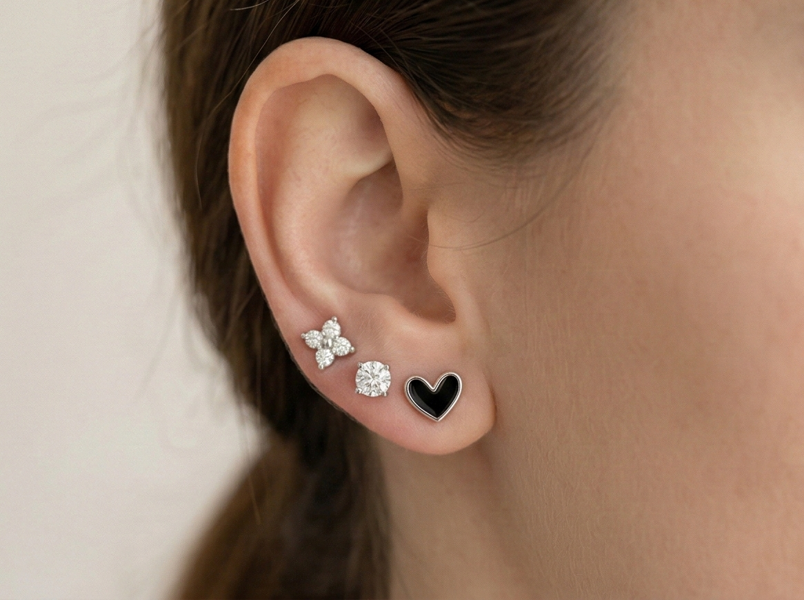 LUXE 925 Sterling Silver Multi-Design Heart and Floral Stud Earrings Set High Polish Enamel Finish Trendy Jewellery for Women