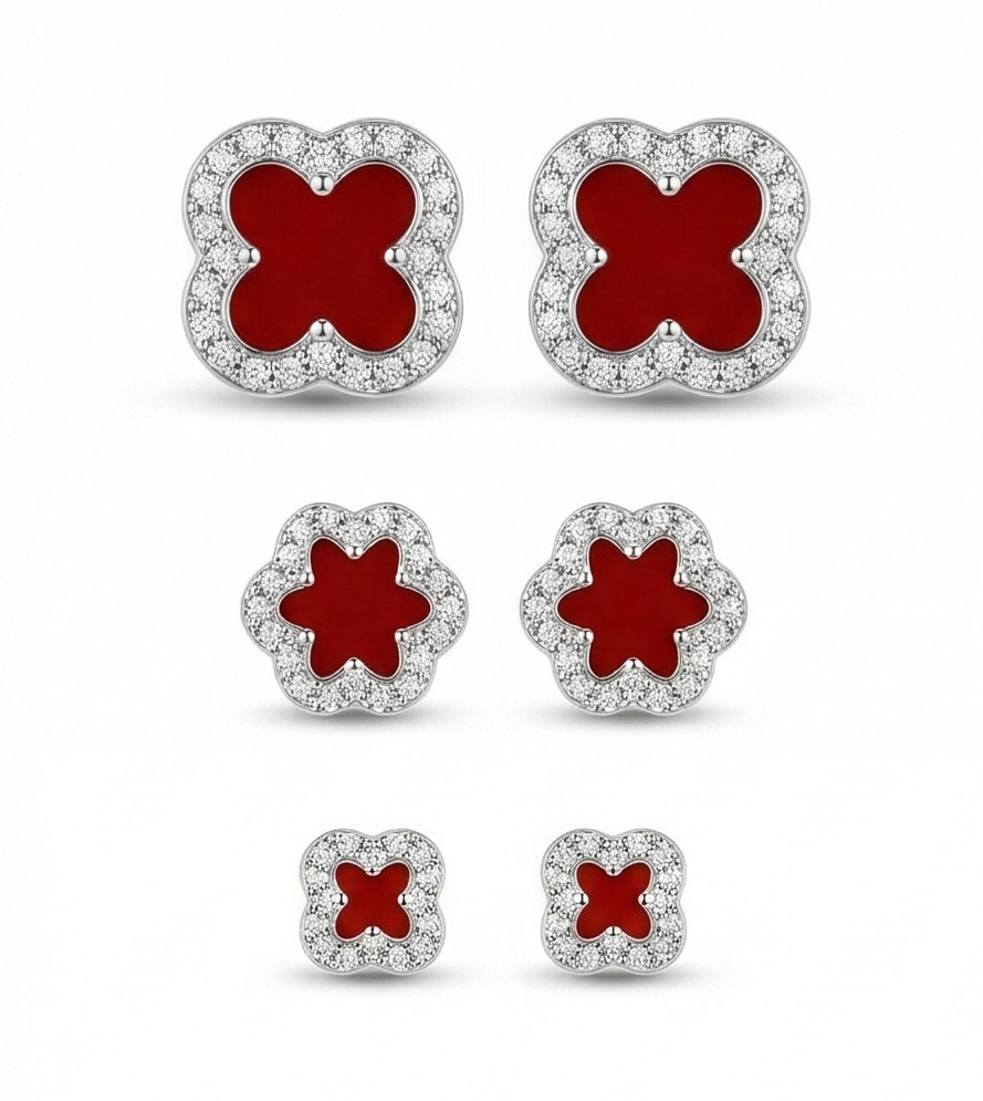 LUXE 925 Sterling Silver Red Enamel Clover Set of 3 Stud Earrings High Polish Rhodium Finish Fine Jewellery