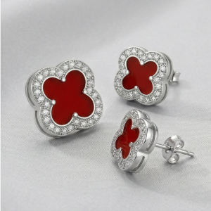 LUXE 925 Sterling Silver Red Enamel Clover Set of 3 Stud Earrings High Polish Rhodium Finish Fine Jewellery