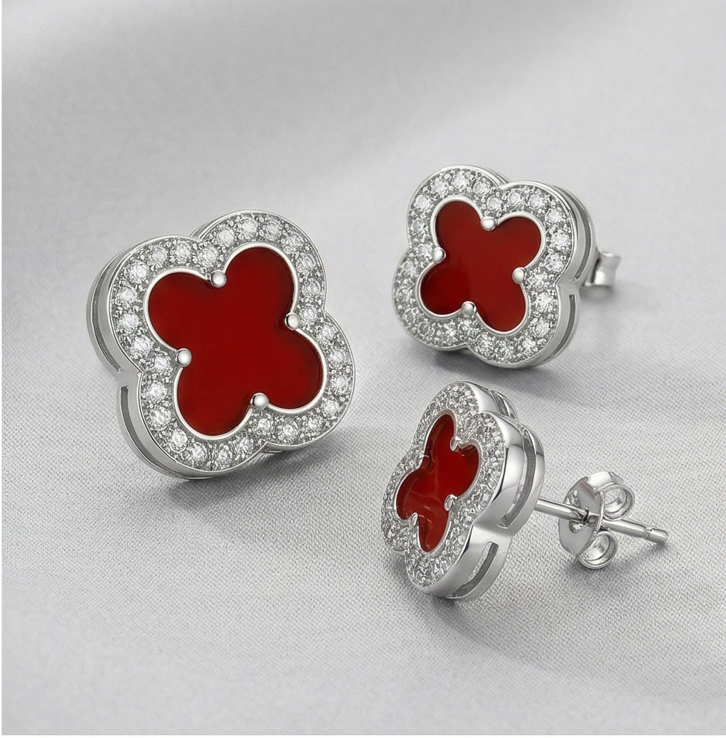 LUXE 925 Sterling Silver Red Enamel Clover Set of 3 Stud Earrings High Polish Rhodium Finish Fine Jewellery