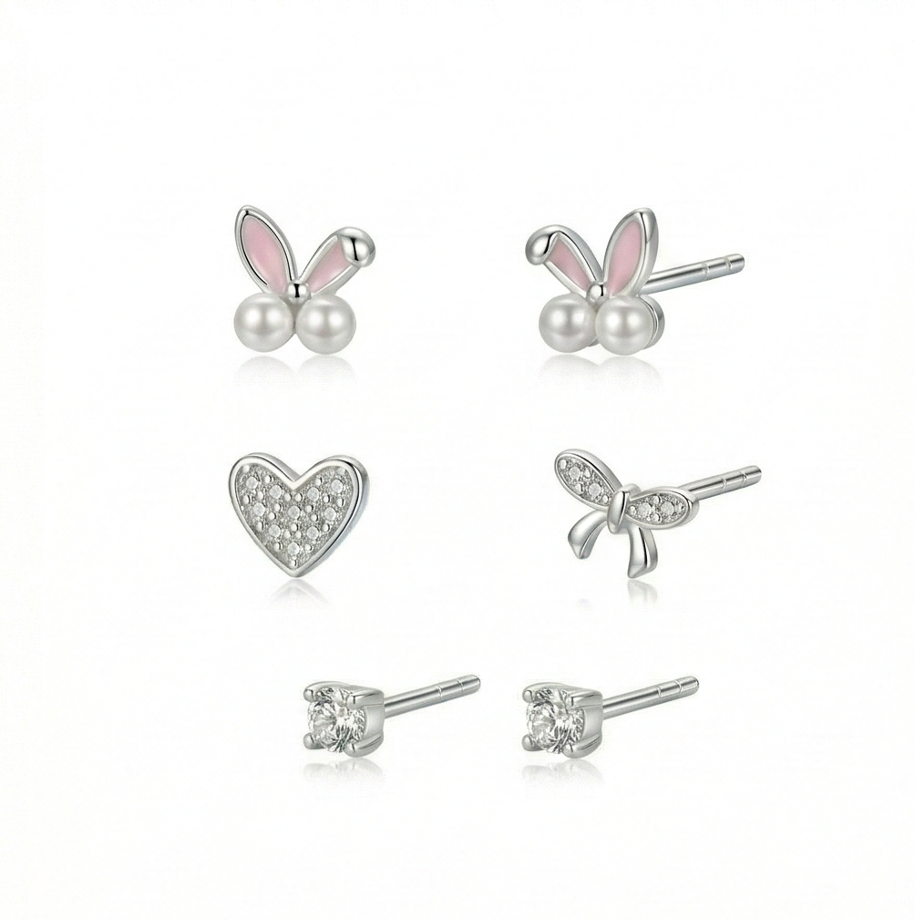 LUXE 925 Sterling Silver Whimsical Motif Stud Earrings Set of 3 High Polish Rhodium Finish Fine Jewellery