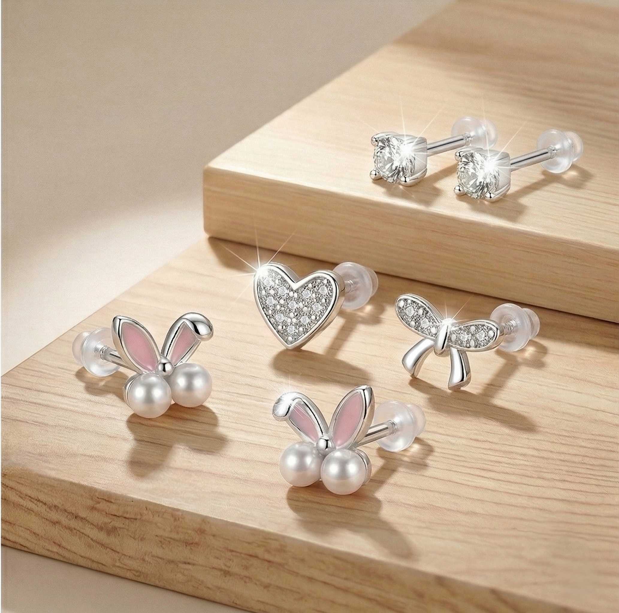 LUXE 925 Sterling Silver Whimsical Motif Stud Earrings Set of 3 High Polish Rhodium Finish Fine Jewellery