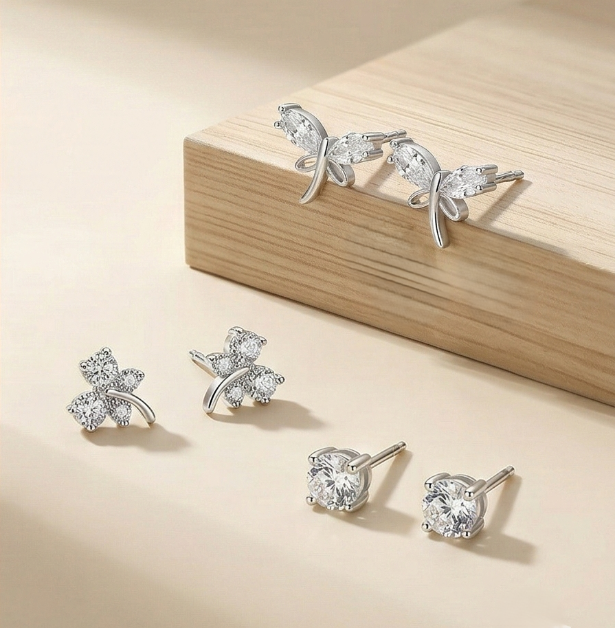 LUXE 925 Sterling Silver Nature Inspired Multi Piercing Set of 3 Stud Earrings High Polish Rhodium Finish Fine Jewellery