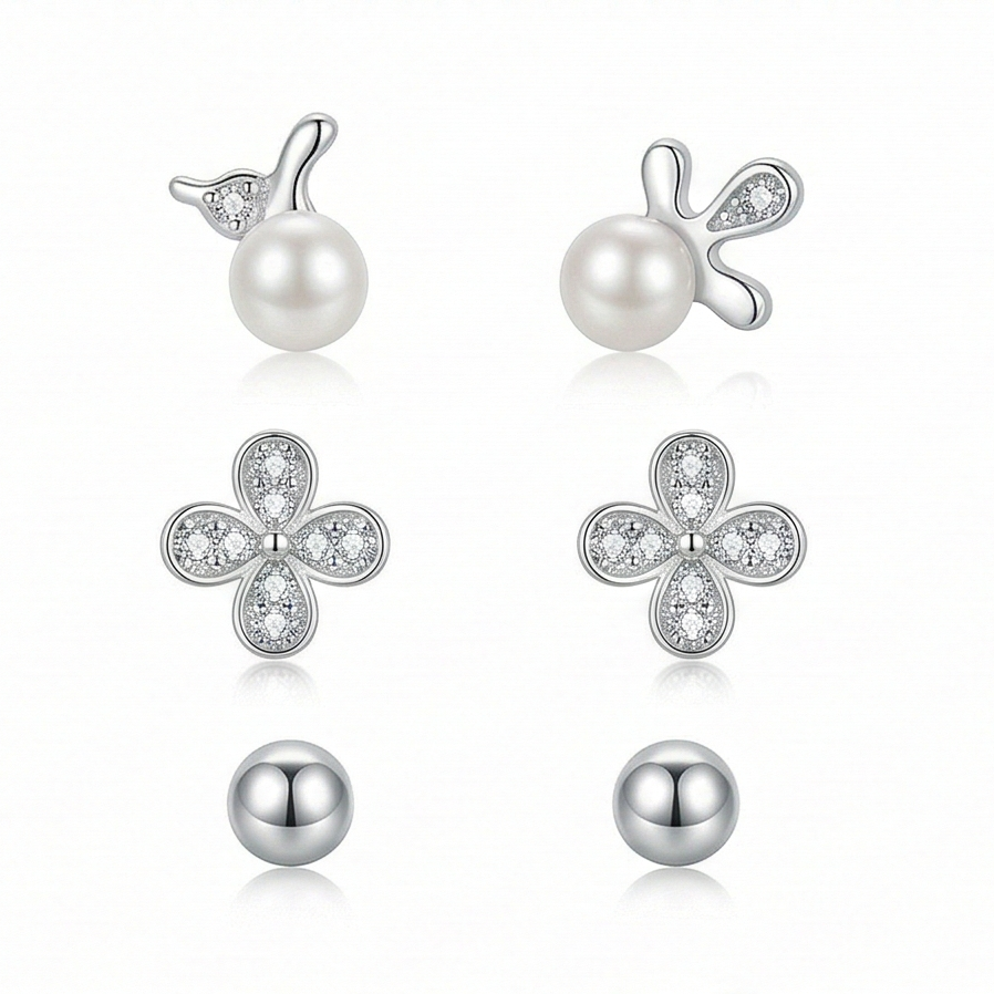 LUXE 925 Sterling Silver Pearl and Floral Stud Earrings Set of 3 High Polish Rhodium Finish Fine Jewellery