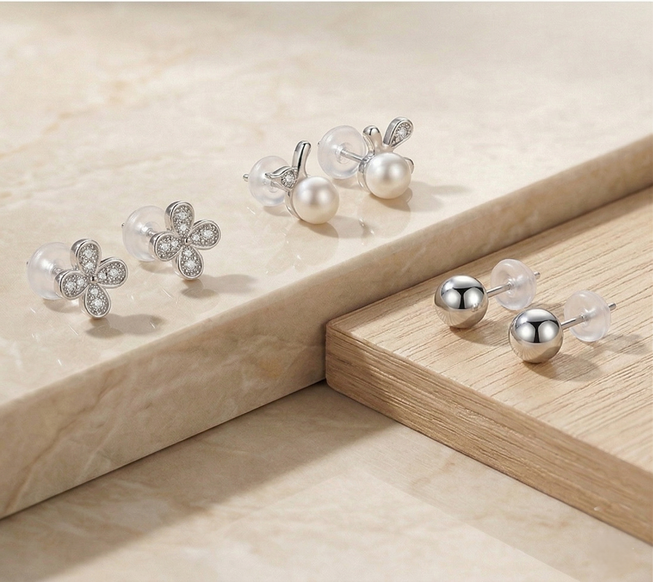 LUXE 925 Sterling Silver Pearl and Floral Stud Earrings Set of 3 High Polish Rhodium Finish Fine Jewellery