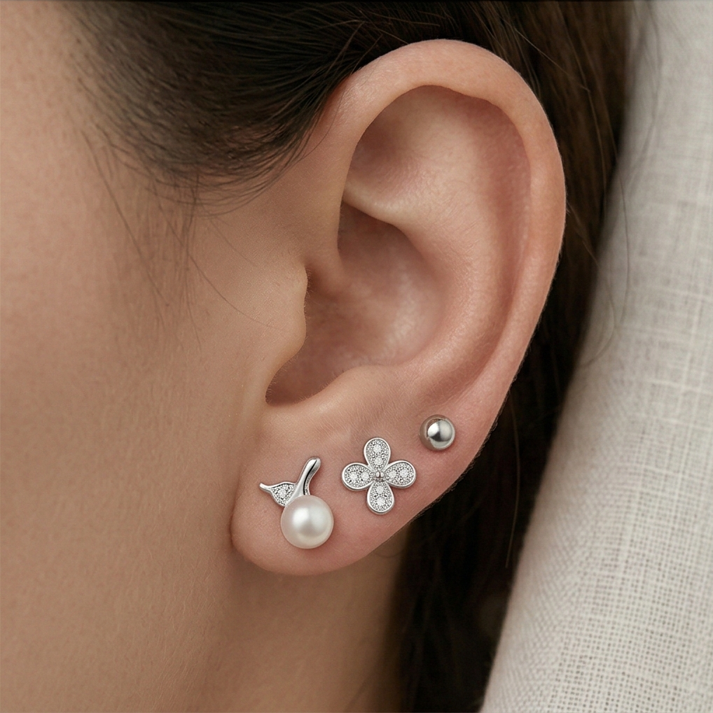 LUXE 925 Sterling Silver Pearl and Floral Stud Earrings Set of 3 High Polish Rhodium Finish Fine Jewellery