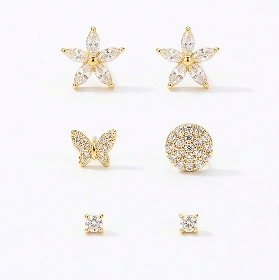 LUXE 925 Sterling Silver Floral and Butterfly Stud Earrings Set of 3 Yellow Gold Finish Fine Jewellery