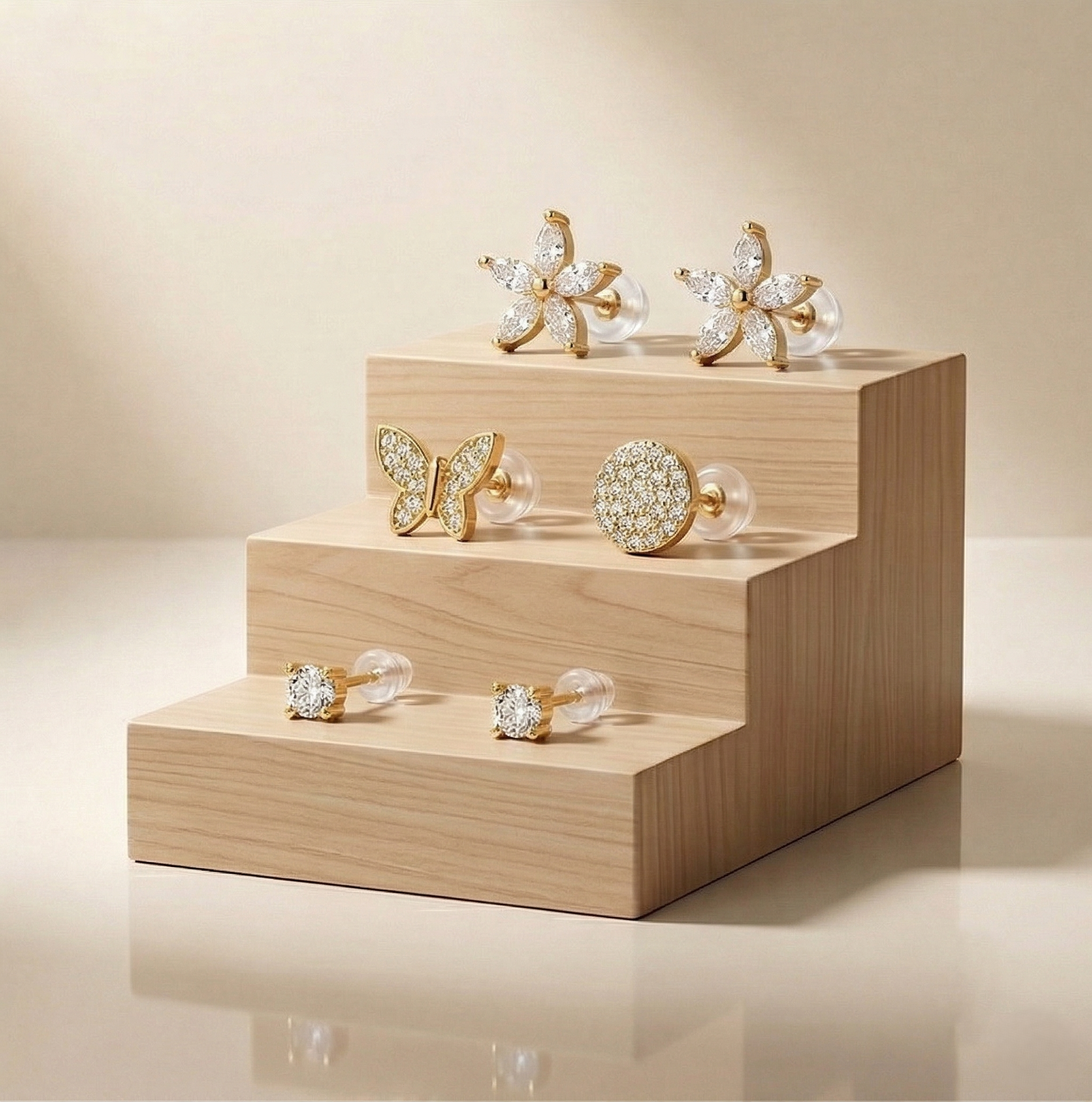LUXE 925 Sterling Silver Floral and Butterfly Stud Earrings Set of 3 Yellow Gold Finish Fine Jewellery