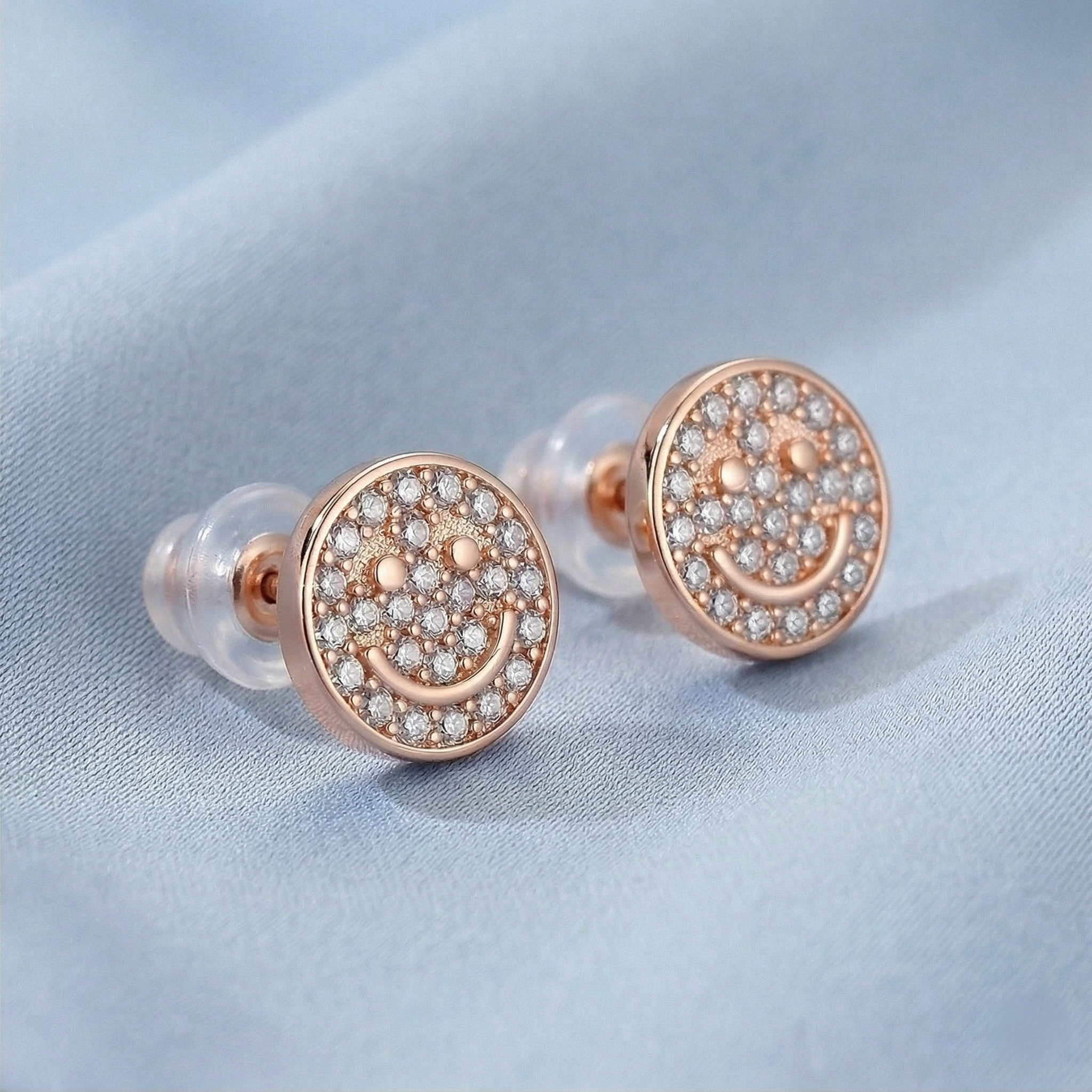 LUXE 925 Sterling Silver Pave Smiley Face Stud Earrings Rose Gold Finish Fine Jewellery