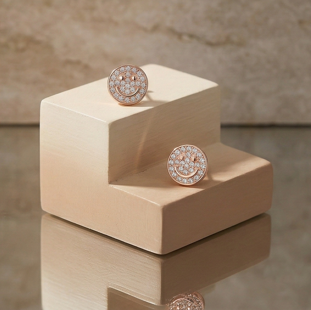 LUXE 925 Sterling Silver Pave Smiley Face Stud Earrings Rose Gold Finish Fine Jewellery