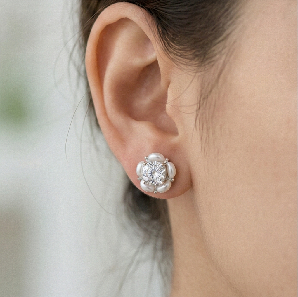 LUXE 925 Sterling Silver Pearl Halo Floral Stud Earrings High Polish Rhodium Finish Fine Jewellery