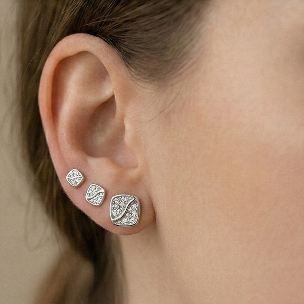 LUXE 925 Sterling Silver Square Wave Set of 3 Stud Earrings High Polish Rhodium Fine Jewellery