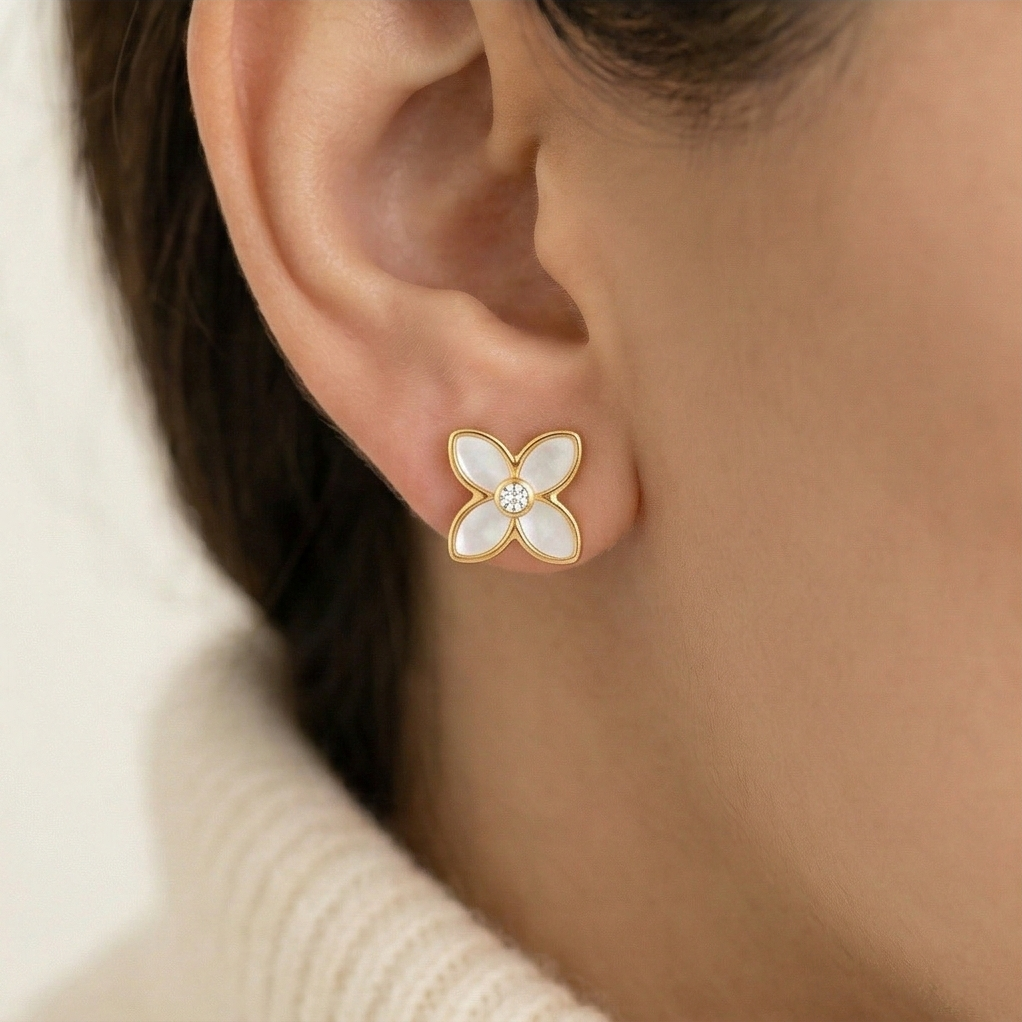 LUXE 925 Sterling Silver Mother of Pearl Floral Stud Earrings High Polish Gold Finish LUXE Botanical Jewellery