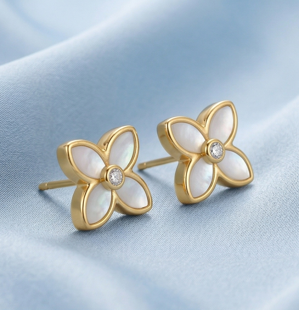 LUXE 925 Sterling Silver Mother of Pearl Floral Stud Earrings High Polish Gold Finish LUXE Botanical Jewellery