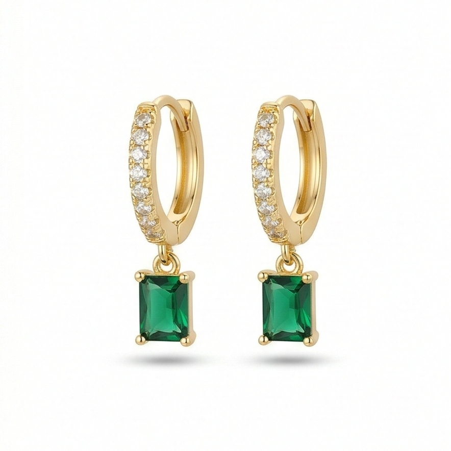 LUXE 925 Sterling Silver Gold Plated Green Rectangle Drop Hoop Earrings Fine Classic Jewellery