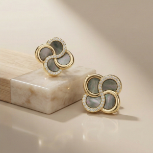 LUXE 925 Sterling Silver Gold Plated Floral Dark Inlay Stud Earrings Elegant Evening Jewellery