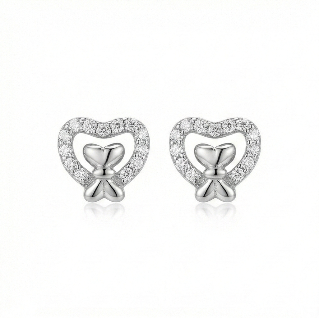 925 Sterling Silver Heart Bow Stud Earrings Jewellery for Women & Girls