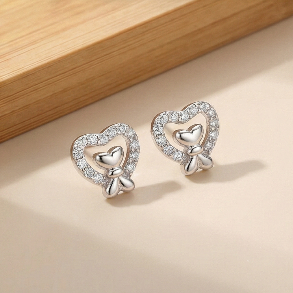 925 Sterling Silver Heart Bow Stud Earrings Jewellery for Women & Girls