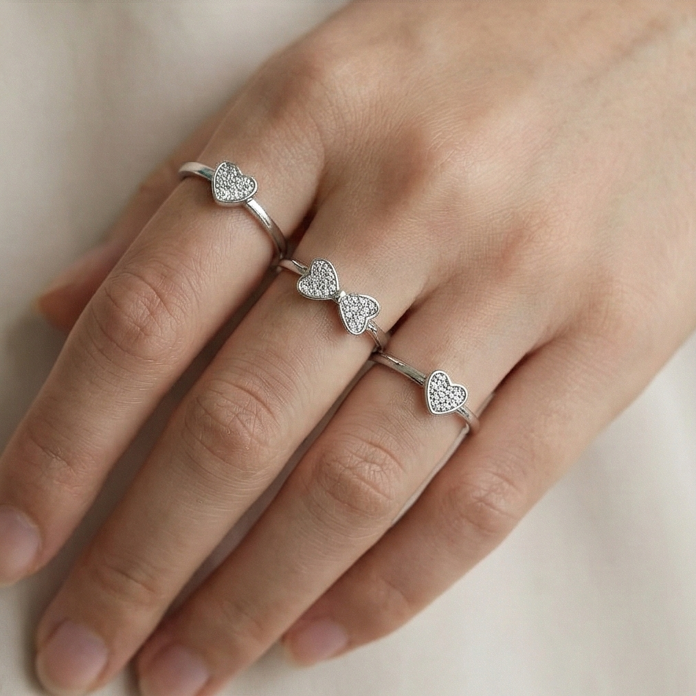 925 Sterling Silver Pave Heart Rings for Women and Girls, Adjustable Rhodium Plated Jewellery Set of 3