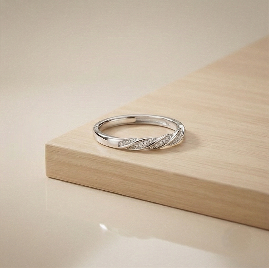 925 Sterling Silver Twist Band Ring Adjustable Pave Setting Minimalist Jewellery