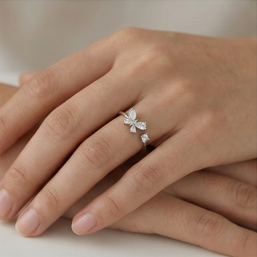 925 Sterling Silver Butterfly Open Ring Adjustable Crystal & Pearlescent Jewellery