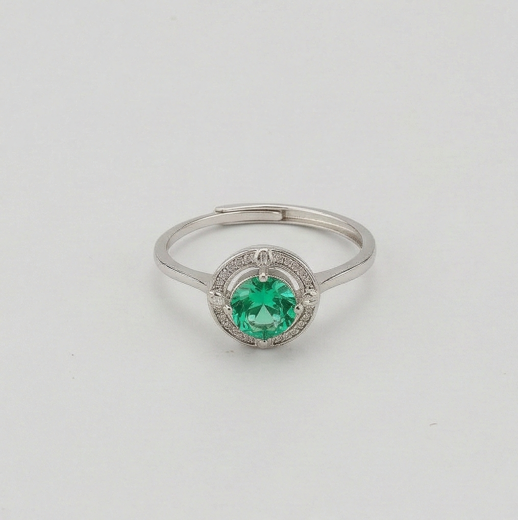 925 Sterling Silver Round Green Stone Halo Ring Adjustable High Polish Jewellery