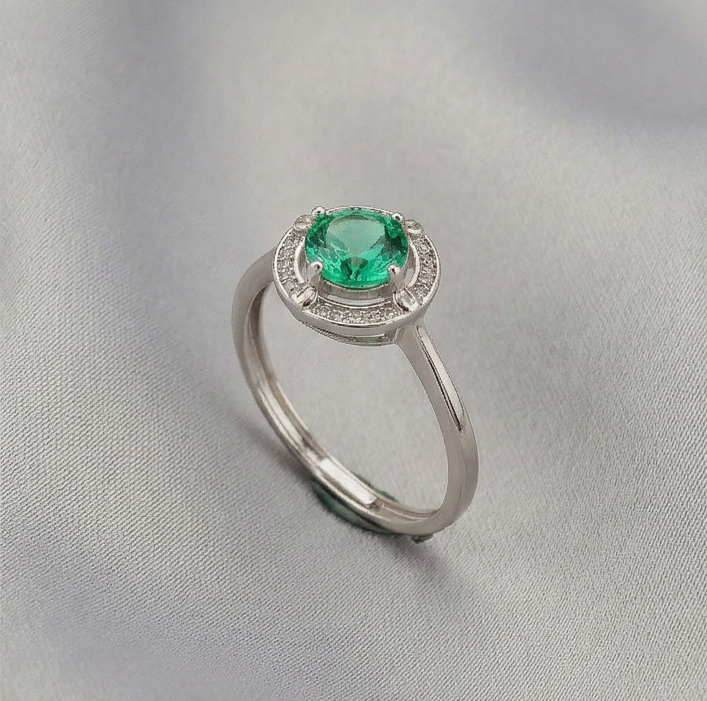925 Sterling Silver Round Green Stone Halo Ring Adjustable High Polish Jewellery