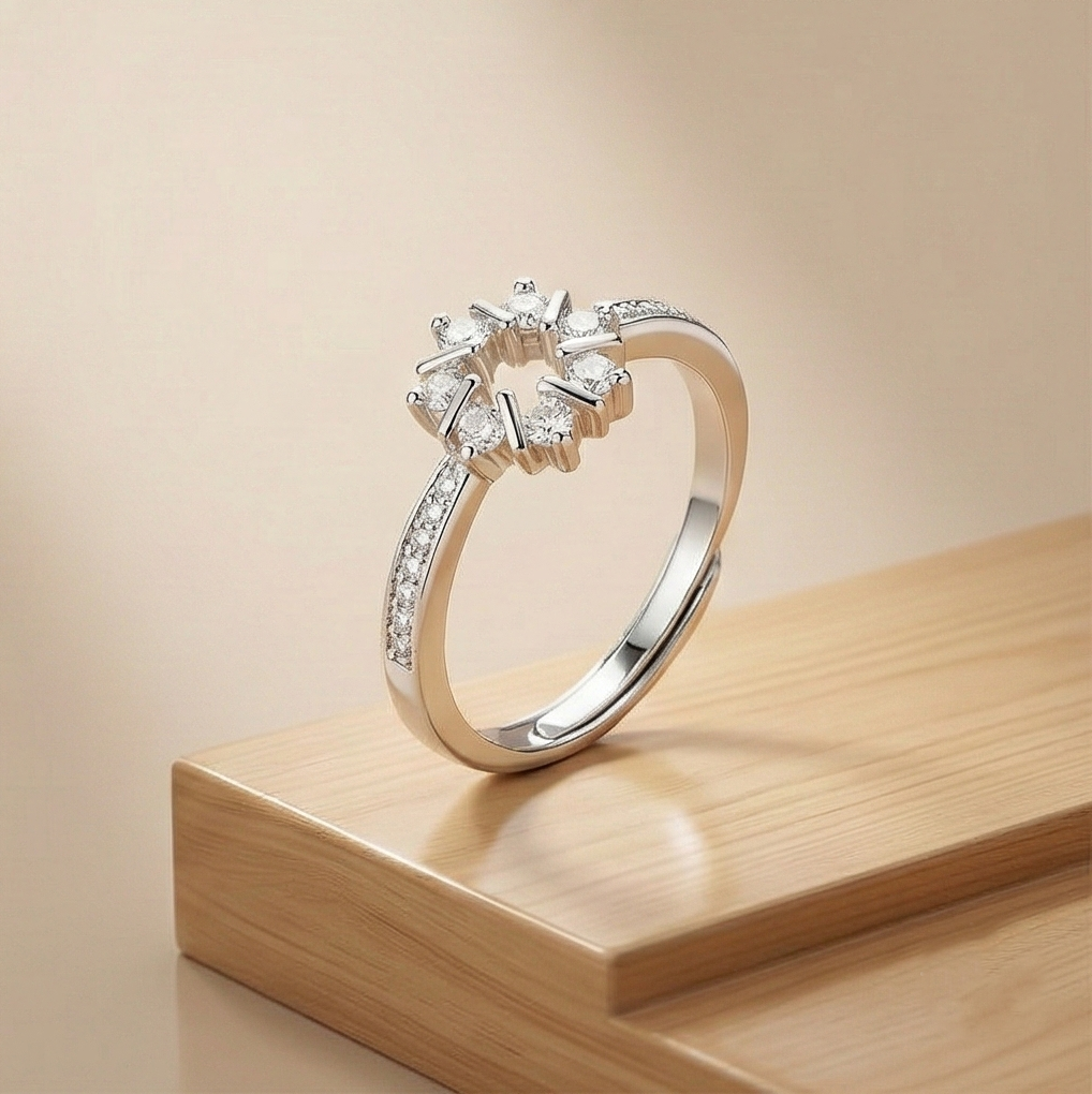 925 Sterling Silver Open Sunburst Halo Ring for Women, Adjustable Statement Jewellery